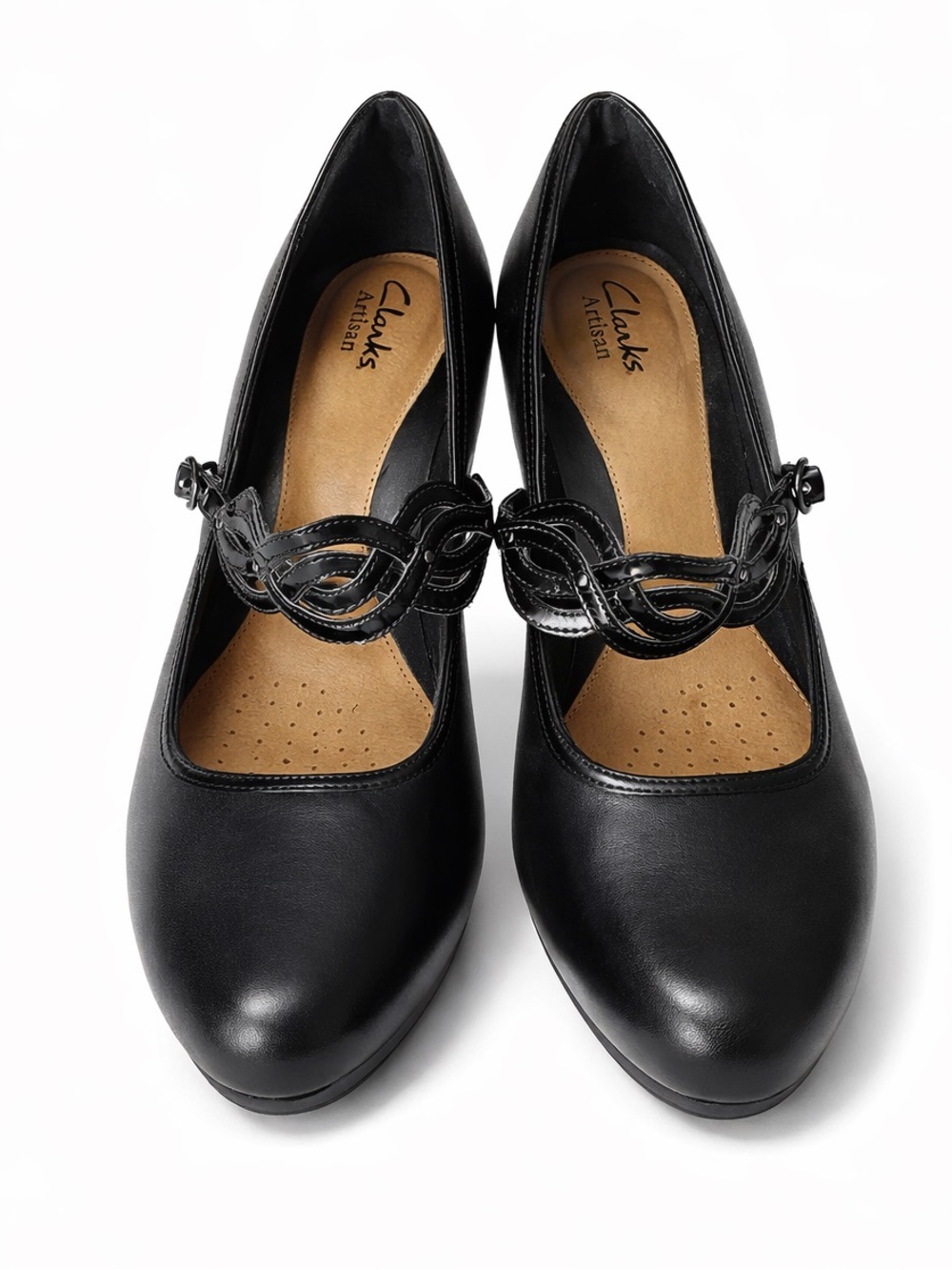 Clarks Artisan Mary Jane Platform Pumps Leather Patent Cutout Straps Black 8.5